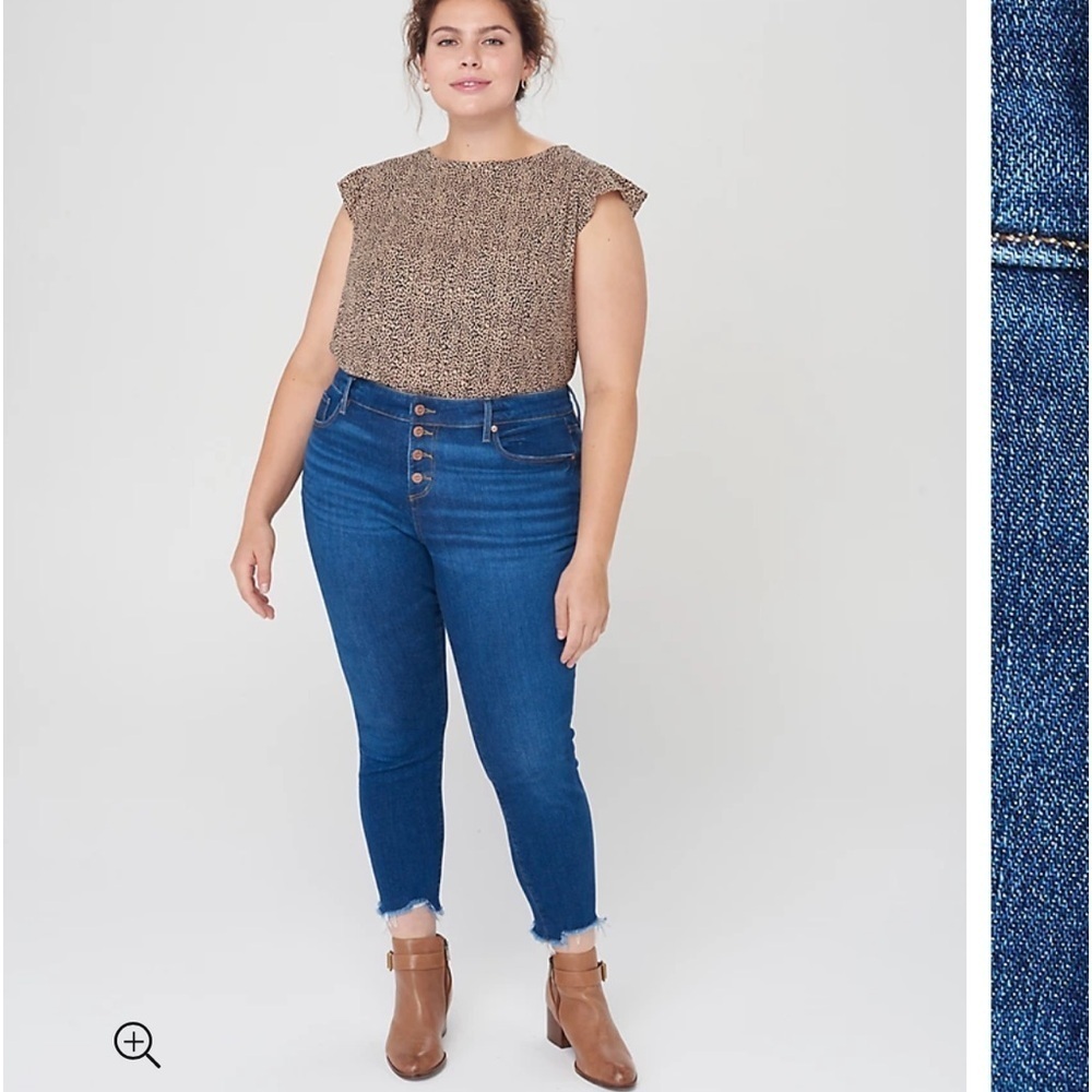 LOFT Plus High Rise Button Front Fray Hem Jeans Authentic Indigo Wash - Picture 2 of 15